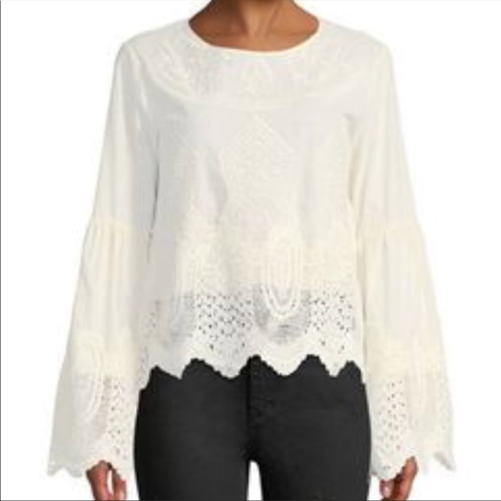 Lumie Bell Sleeve Ivory Lace Embroidered Eyelet Scallop Trim Boho Blouse size